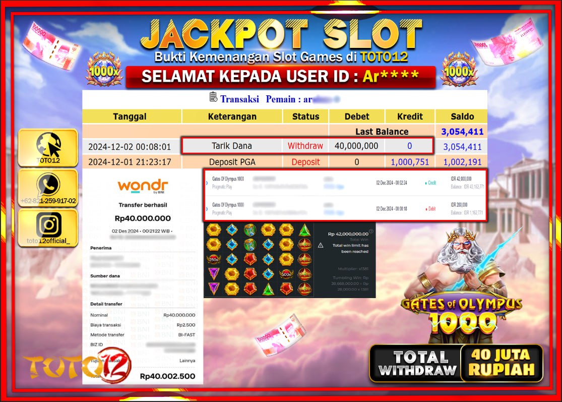 HANYA DI TOTO12 JP PASTI DI BAYAR LUNAS DAN CEPAT!!!!!! JACKPOT SLOT GAME (GATES OF OLYMPUS 1000) Rp.40.000.000 !!!!