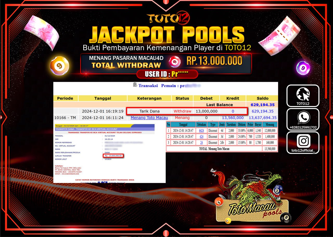 HANYA DI TOTO12 JP PASTI DI BAYAR LUNAS DAN CEPAT!!!!!! JACKPOT POOLS PASARAN (TOTO MACAU) Rp.13.000.000 !!!!
