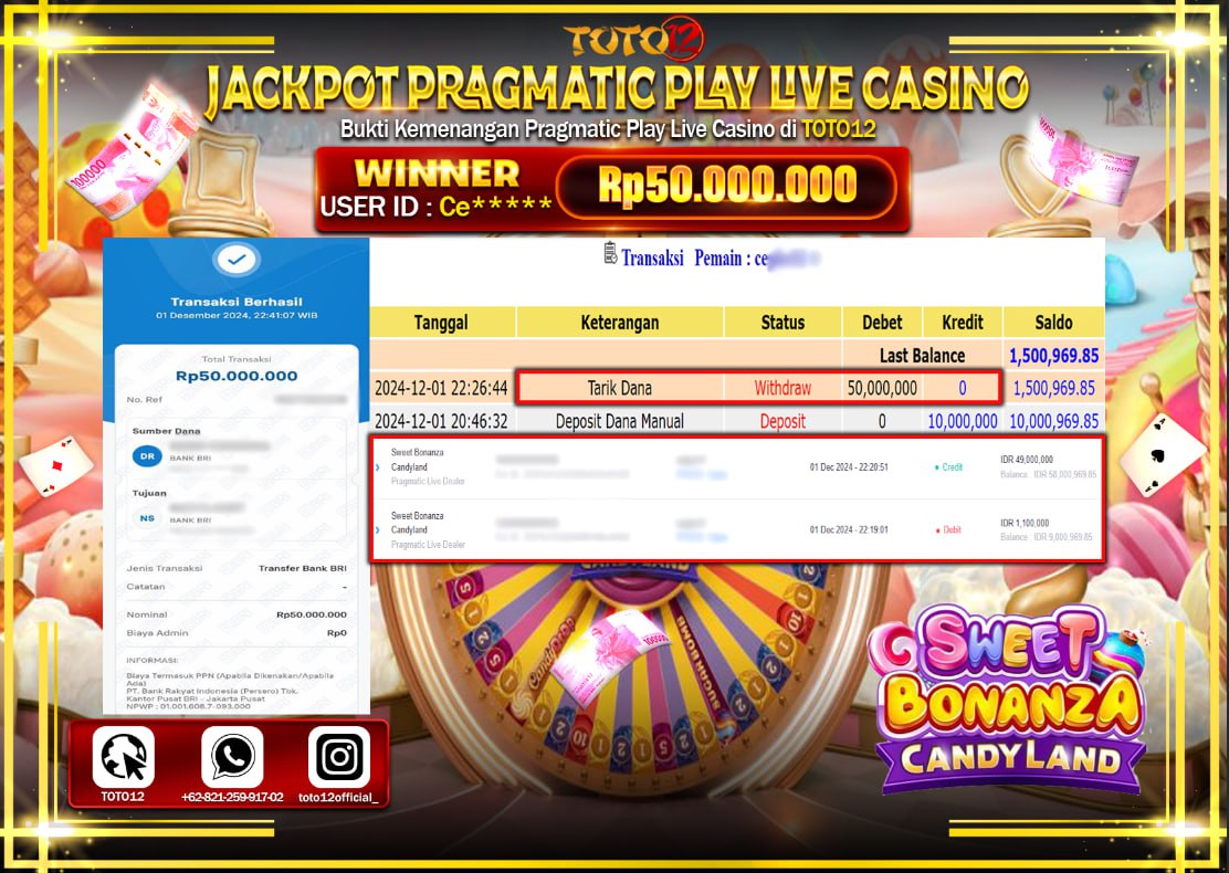 HANYA DI TOTO12 JP PASTI DI BAYAR LUNAS DAN CEPAT!!!!!! JACKPOT PRAGMATIC PLAY LIVE CASINO (SWEET BONANZA CANDY LAND) Rp.50.000.000 !!!!
