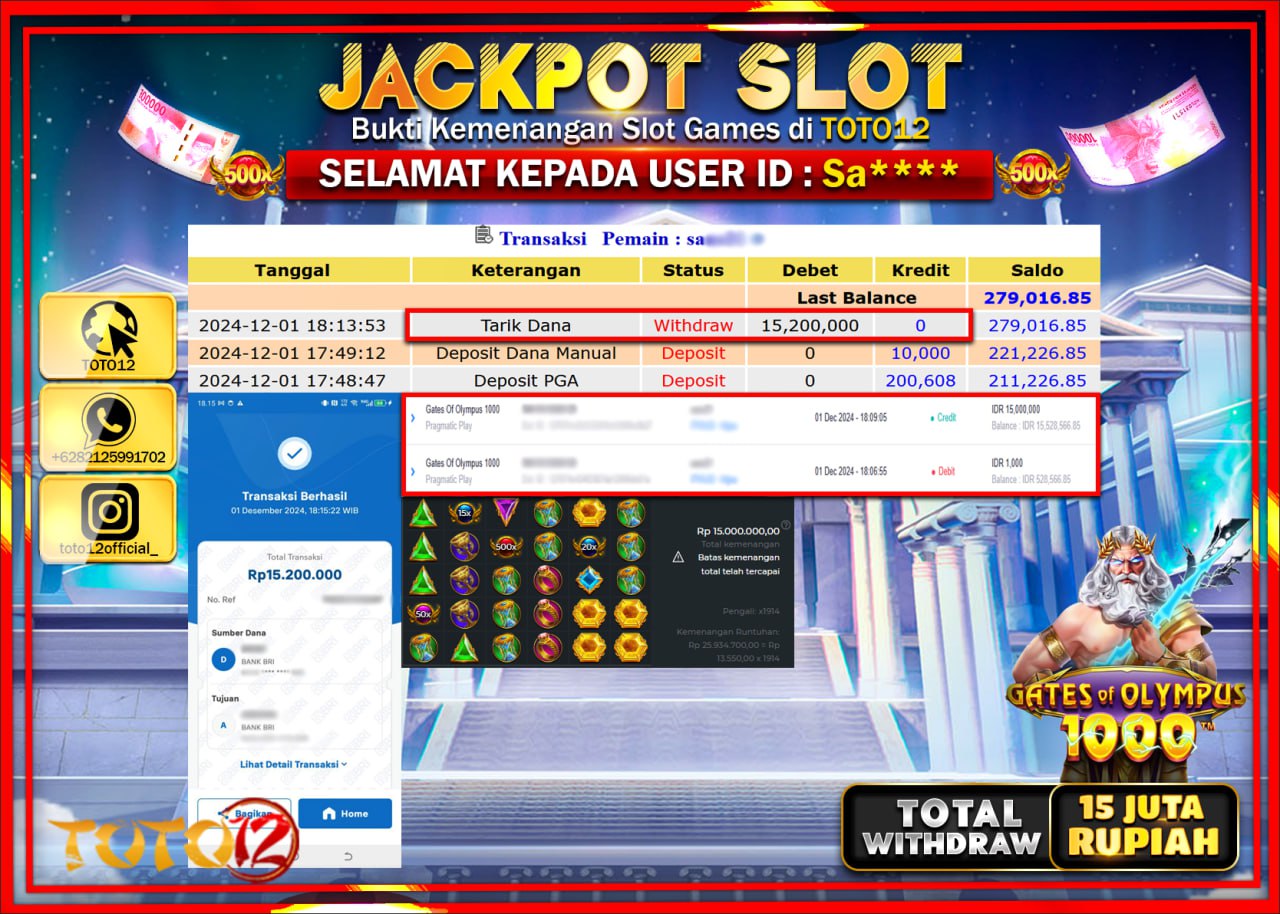 HANYA DI TOTO12 JP PASTI DI BAYAR LUNAS DAN CEPAT!!!!!! JACKPOT SLOT GAME (GATES OF OLYMPUS 1000) Rp.15.000.000 !!!!