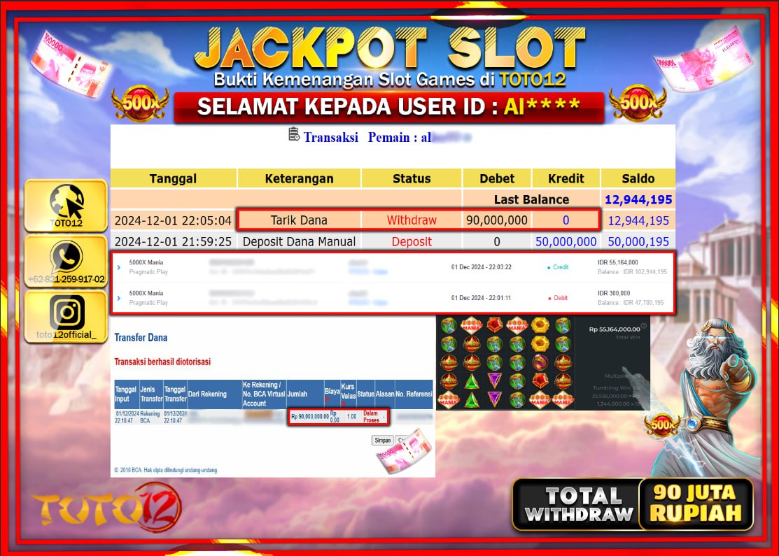 HANYA DI TOTO12 JP PASTI DI BAYAR LUNAS DAN CEPAT!!!!!! JACKPOT SLOT GAME (5000X MANIA) Rp.90.000.000 !!!!