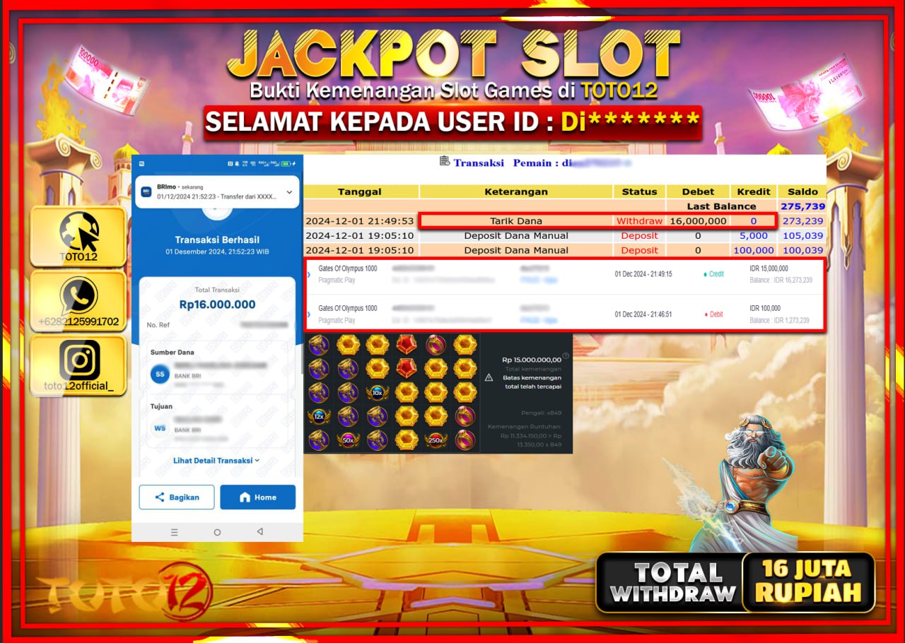 HANYA DI TOTO12 JP PASTI DI BAYAR LUNAS DAN CEPAT!!!!!! JACKPOT SLOT GAME (GATES OF OLYMPUS 1000) Rp.16.000.000 !!!!