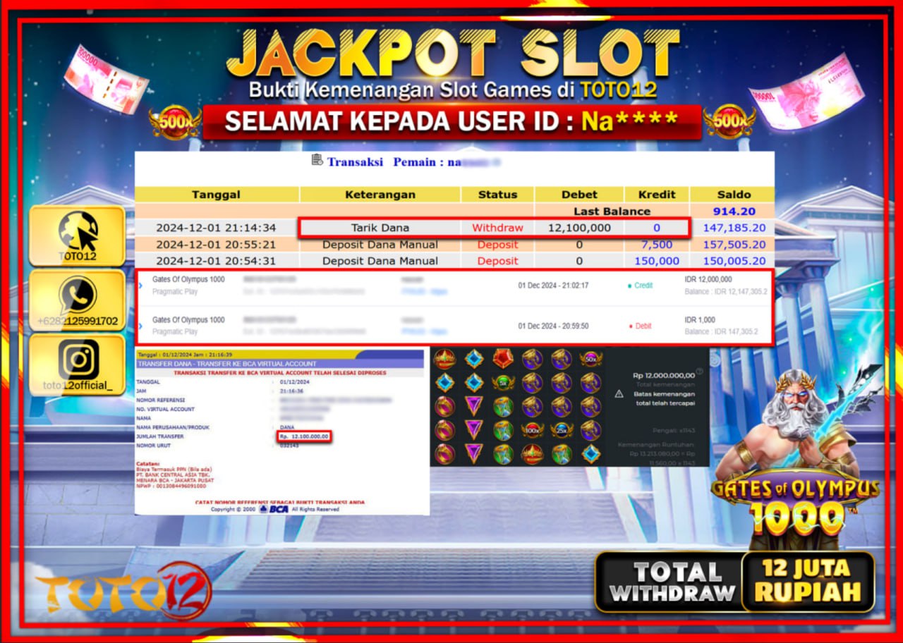 HANYA DI TOTO12 JP PASTI DI BAYAR LUNAS DAN CEPAT!!!!!! JACKPOT SLOT GAME (GATES OF OLYMPUS 1000) Rp.12.000.000 !!!!