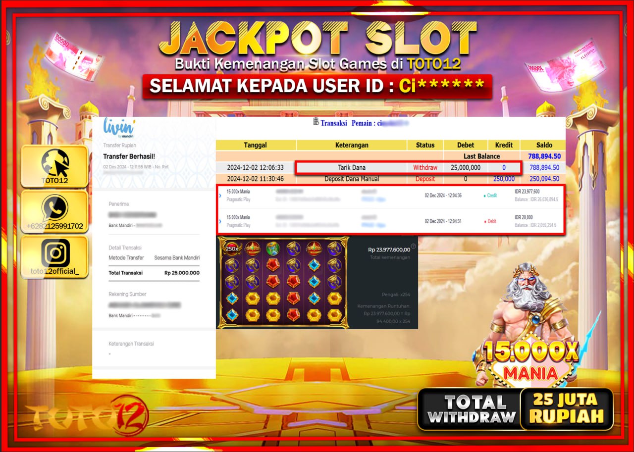 HANYA DI TOTO12 JP PASTI DI BAYAR LUNAS DAN CEPAT!!!!!! JACKPOT SLOT GAME (15.000X MANIA) Rp.25.000.000 !!!!