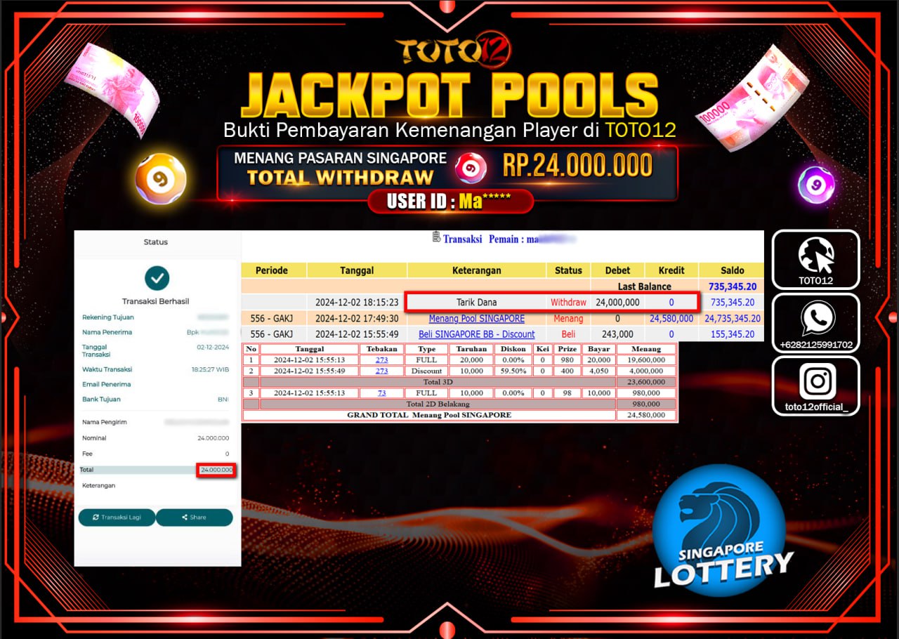 HANYA DI TOTO12 JP PASTI DI BAYAR LUNAS DAN CEPAT!!!!!! JACKPOT POOLS PASARAN (SINGAPORE) Rp.24.000.000 !!!!
