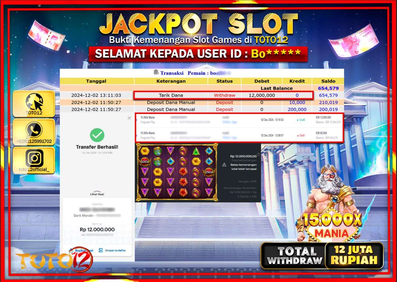 HANYA DI TOTO12 JP PASTI DI BAYAR LUNAS DAN CEPAT!!!!!! JACKPOT SLOT GAME (15.000X MANIA) Rp.12.000.000 !!!!