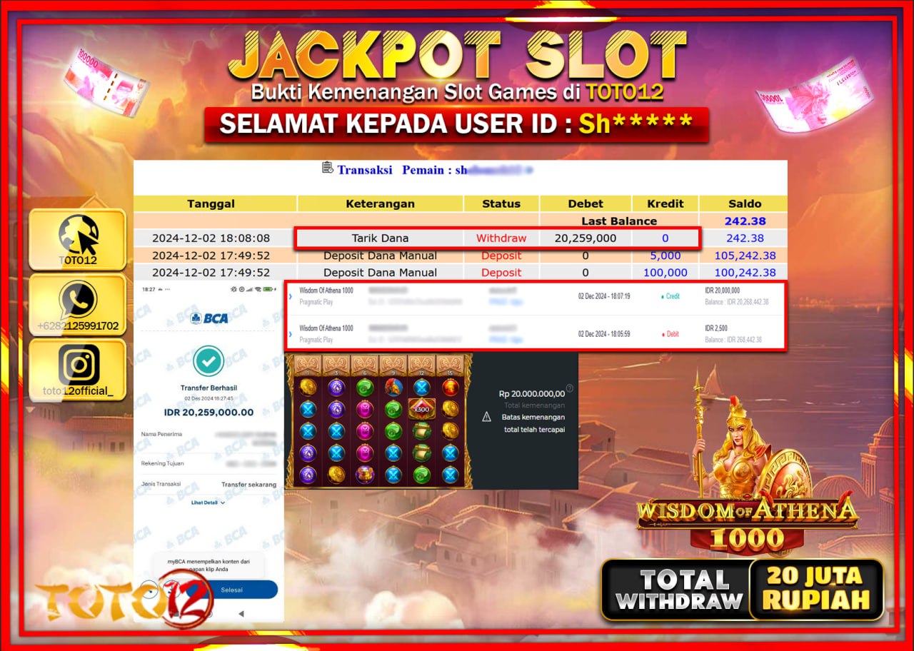 HANYA DI TOTO12 JP PASTI DI BAYAR LUNAS DAN CEPAT!!!!!! JACKPOT SLOT GAME (WISDOM OF ATHENA 1000) Rp.20.000.000 !!!!