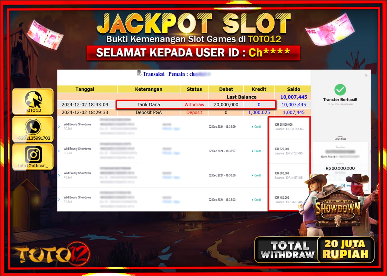 HANYA DI TOTO12 JP PASTI DI BAYAR LUNAS DAN CEPAT!!!!!! JACKPOT SLOT GAME (WILD BOUNTY SHOWDOWN) Rp.20.000.000 !!!!