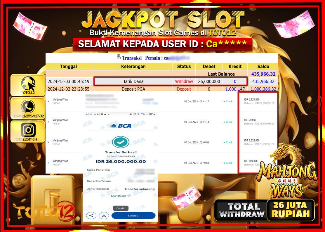 HANYA DI TOTO12 JP PASTI DI BAYAR LUNAS DAN CEPAT!!!!!! JACKPOT SLOT GAME (MAHJONG WAYS) Rp.26.000.000 !!!!