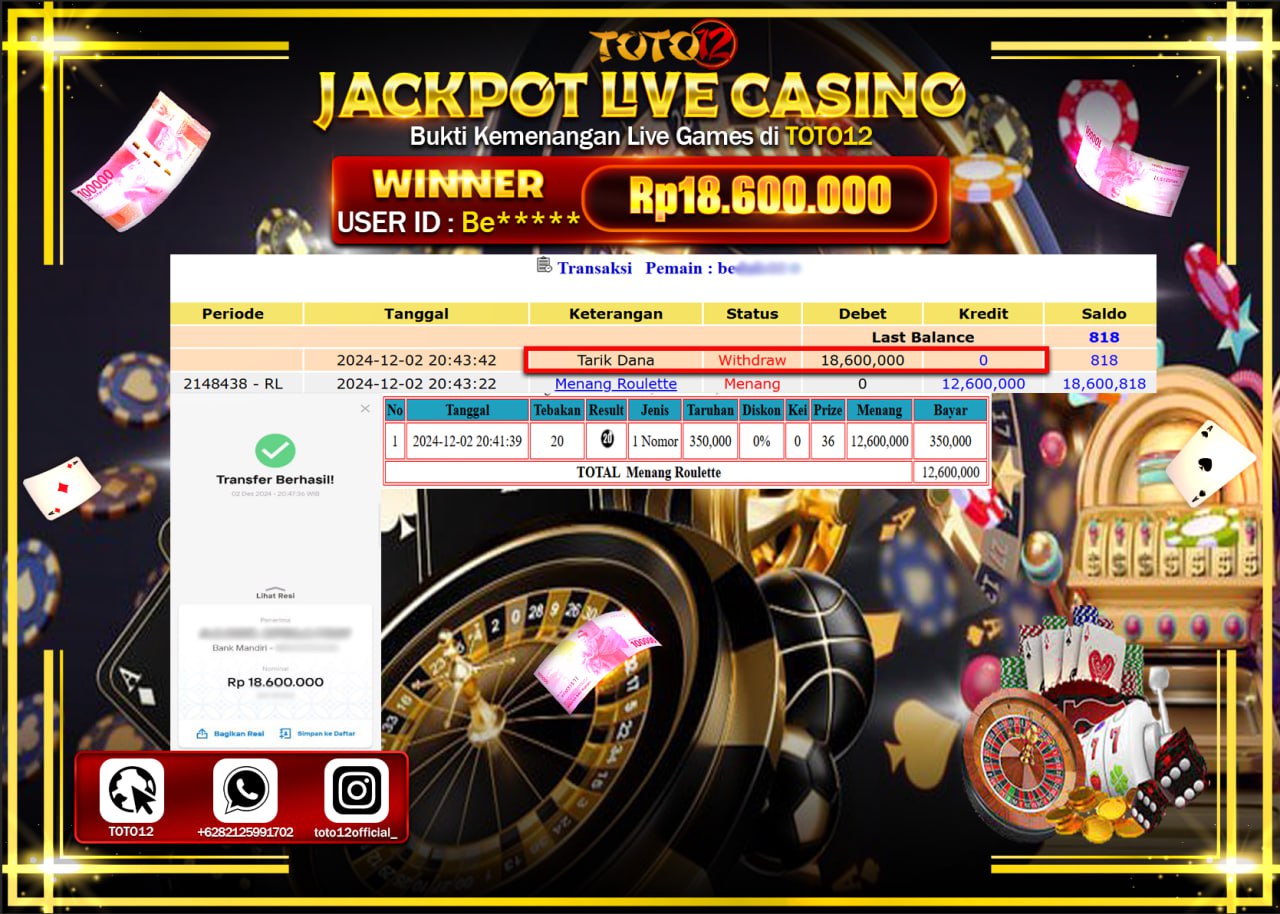HANYA DI TOTO12 JP PASTI DI BAYAR LUNAS DAN CEPAT!!!!!! JACKPOT LIVE GAMES CASINO (ROULETTE) Rp.18.600.000 !!!!