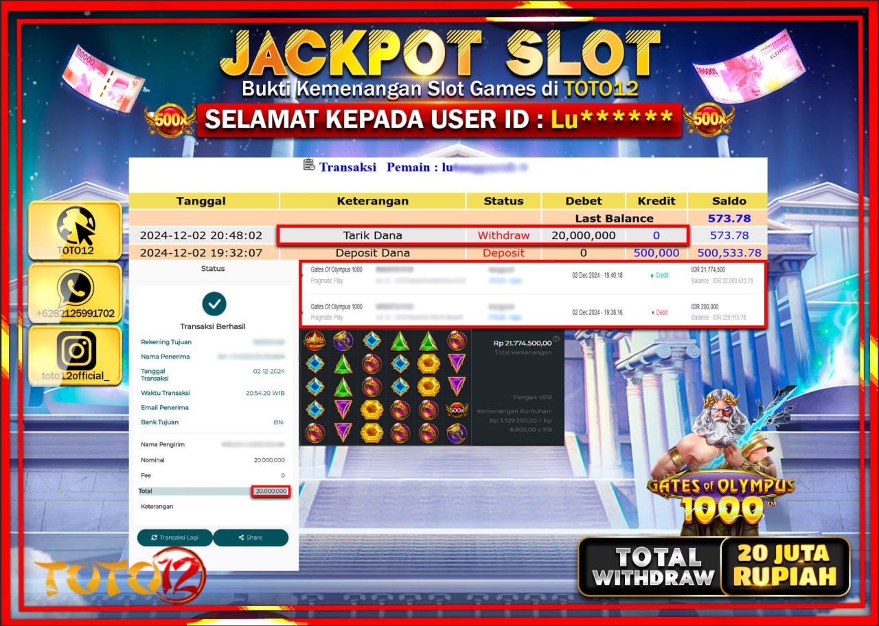 HANYA DI TOTO12 JP PASTI DI BAYAR LUNAS DAN CEPAT!!!!!! JACKPOT SLOT GAME (GATES OF OLYMPUS 1000) Rp.20.000.000 !!!!