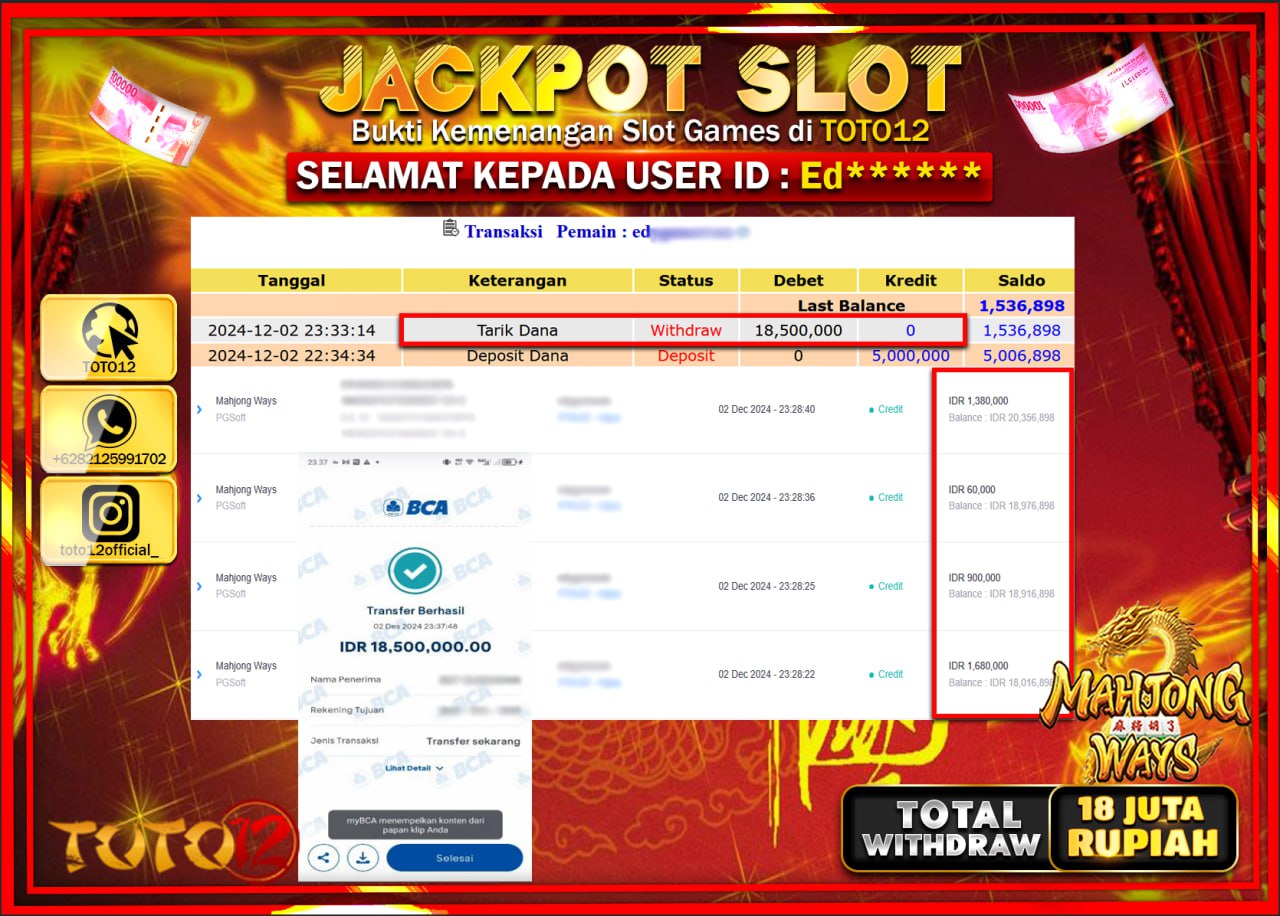 HANYA DI TOTO12 JP PASTI DI BAYAR LUNAS DAN CEPAT!!!!!! JACKPOT SLOT GAME (MAHJONG WAYS) Rp.18.000.000 !!!!
