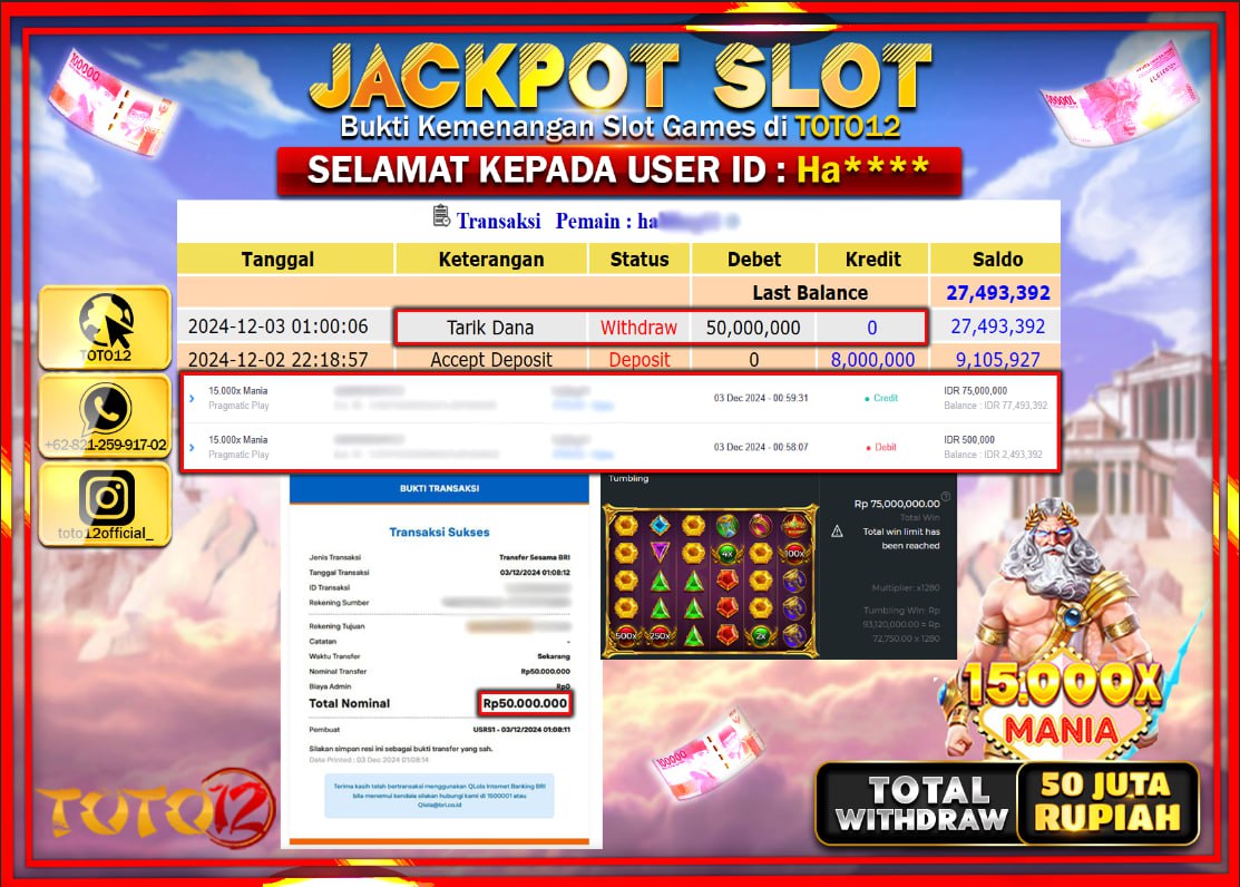 HANYA DI TOTO12 JP PASTI DI BAYAR LUNAS DAN CEPAT!!!!!! JACKPOT SLOT GAME (15.000X MANIA) Rp.50.000.000 !!!!