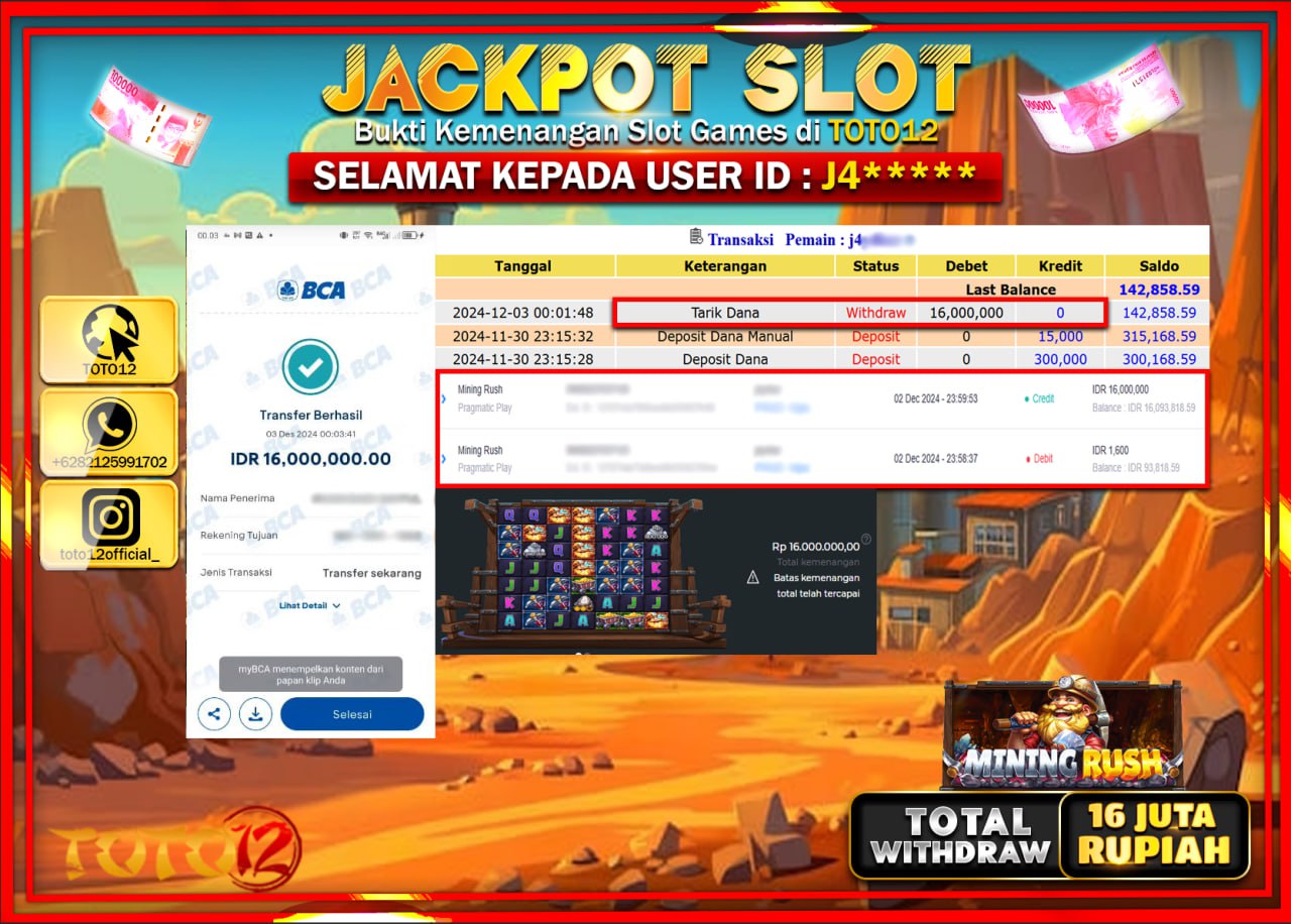 HANYA DI TOTO12 JP PASTI DI BAYAR LUNAS DAN CEPAT!!!!!! JACKPOT SLOT GAME (MINING RUSH) Rp.16.000.000 !!!!