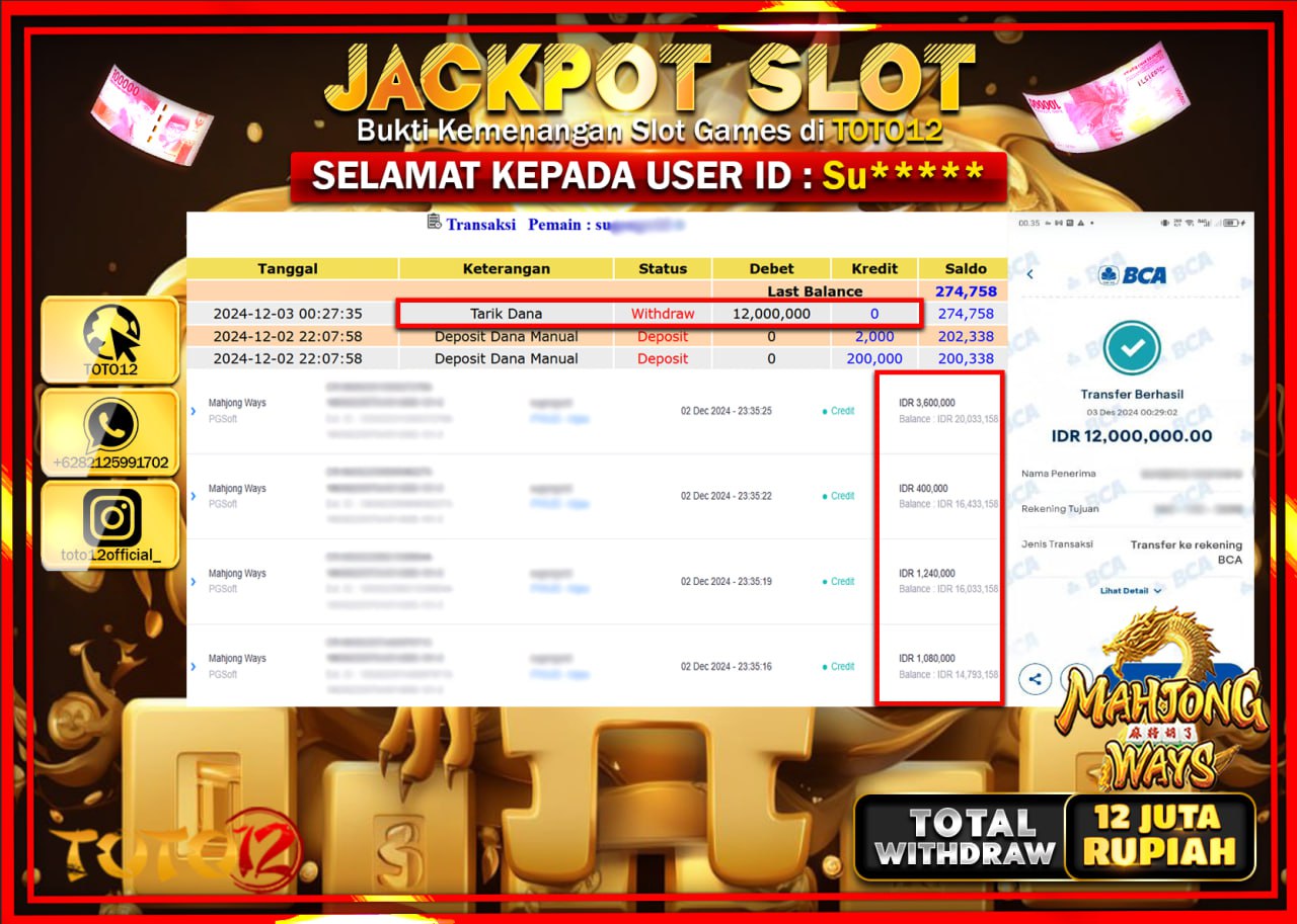 HANYA DI TOTO12 JP PASTI DI BAYAR LUNAS DAN CEPAT!!!!!! JACKPOT SLOT GAME (MAHJONG WAYS) Rp.12.000.000 !!!!