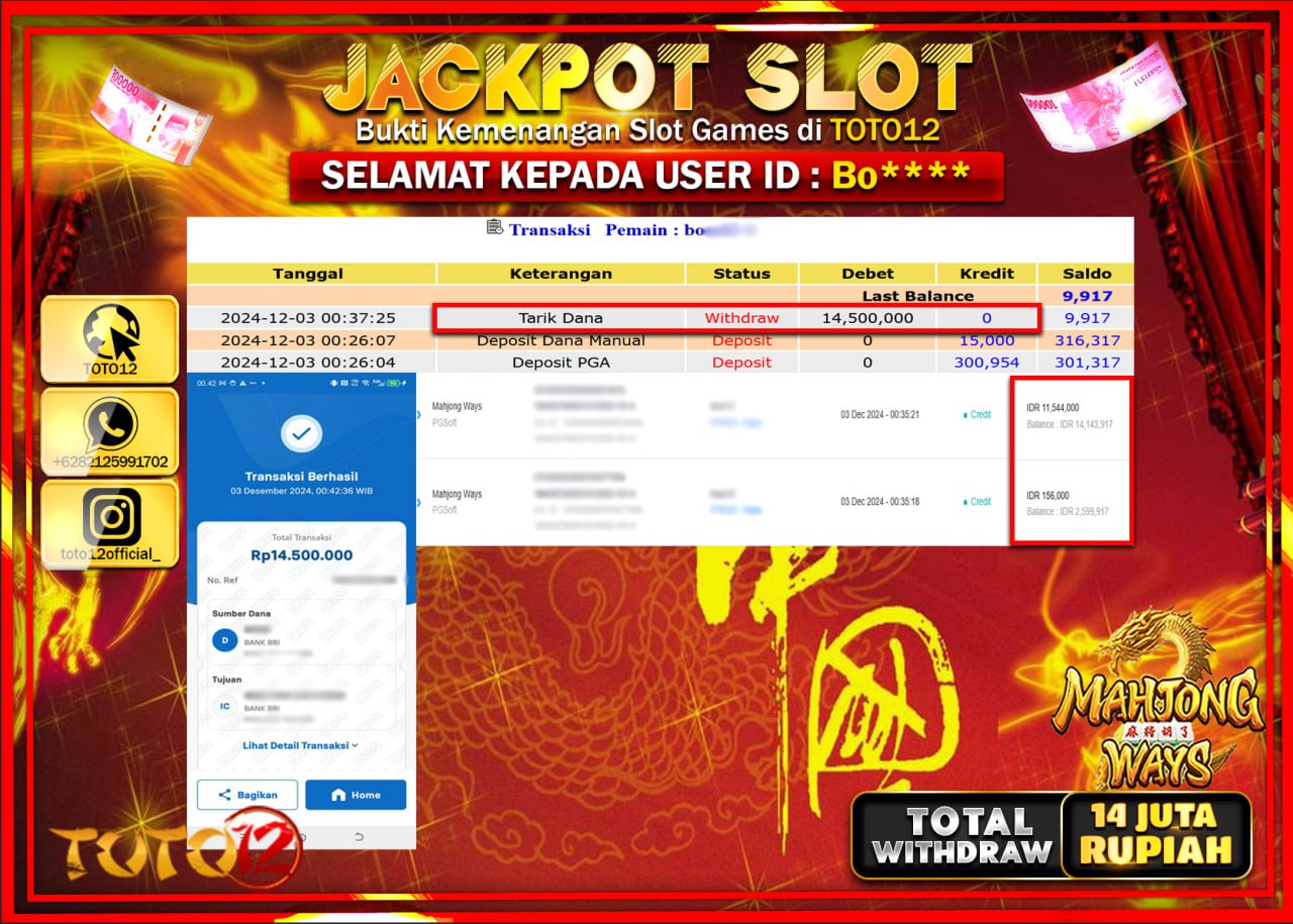 HANYA DI TOTO12 JP PASTI DI BAYAR LUNAS DAN CEPAT!!!!!! JACKPOT SLOT GAME (MAHJONG WAYS) Rp.14.000.000 !!!!