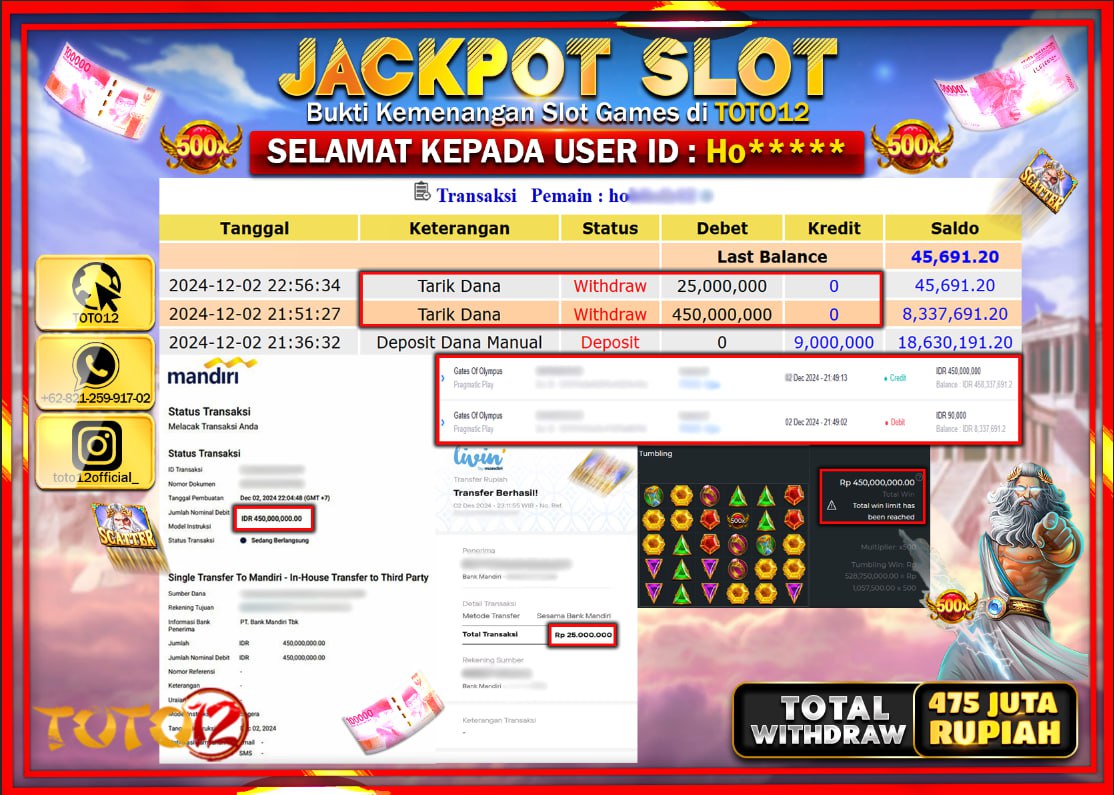 HANYA DI TOTO12 JP PASTI DI BAYAR LUNAS DAN CEPAT!!!!!! JACKPOT SLOT GAME (GATES OF OLYMPUS) Rp.475.000.000 !!!!