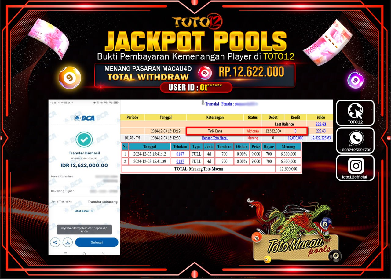 HANYA DI TOTO12 JP PASTI DI BAYAR LUNAS DAN CEPAT!!!!!! JACKPOT POOLS PASARAN (TOTO MACAU) Rp.12.622.000 !!!!