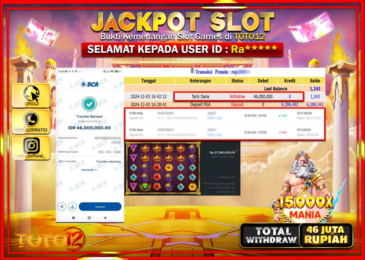 HANYA DI TOTO12 JP PASTI DI BAYAR LUNAS DAN CEPAT!!!!!! JACKPOT SLOT GAME (15.000X MANIA) Rp.46.000.000 !!!!