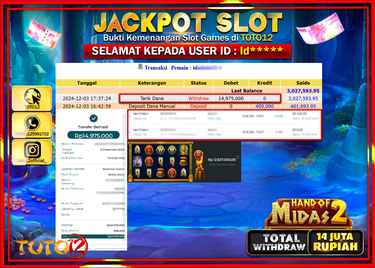 HANYA DI TOTO12 JP PASTI DI BAYAR LUNAS DAN CEPAT!!!!!! JACKPOT SLOT GAME (HAND OF MIDAS 2) Rp.14.000.000 !!!!