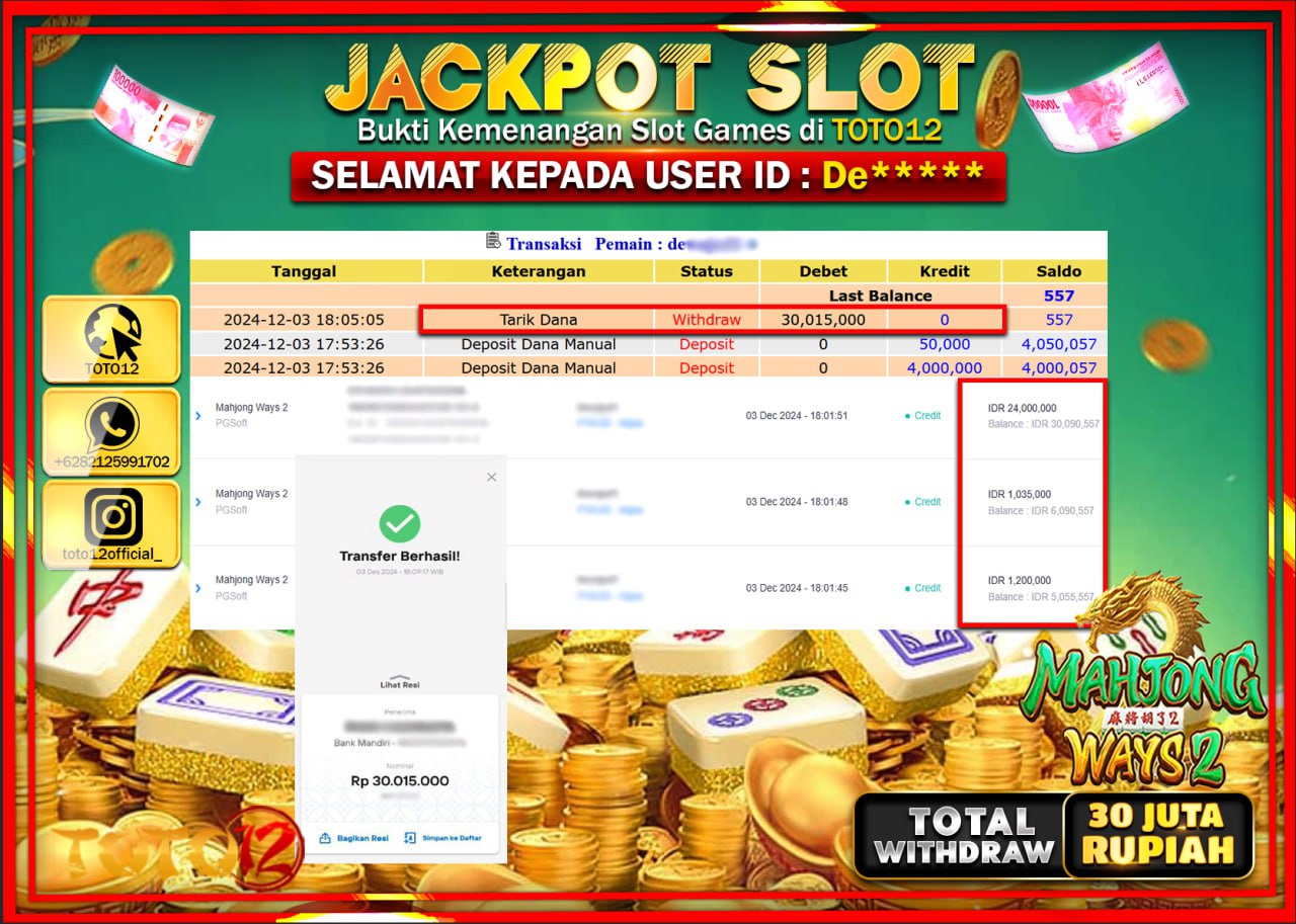 HANYA DI TOTO12 JP PASTI DI BAYAR LUNAS DAN CEPAT!!!!!! JACKPOT SLOT GAME (MAHJONG WAYS 2) Rp.30.000.000 !!!!