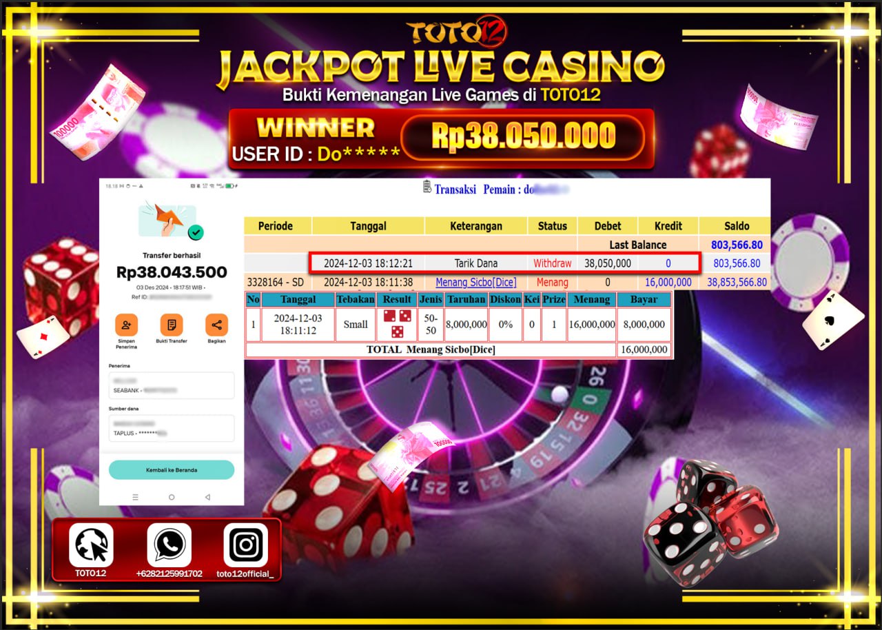 HANYA DI TOTO12 JP PASTI DI BAYAR LUNAS DAN CEPAT!!!!!! JACKPOT LIVE GAMES CASINO (SICBO DICE) Rp.38.050.000 !!!!
