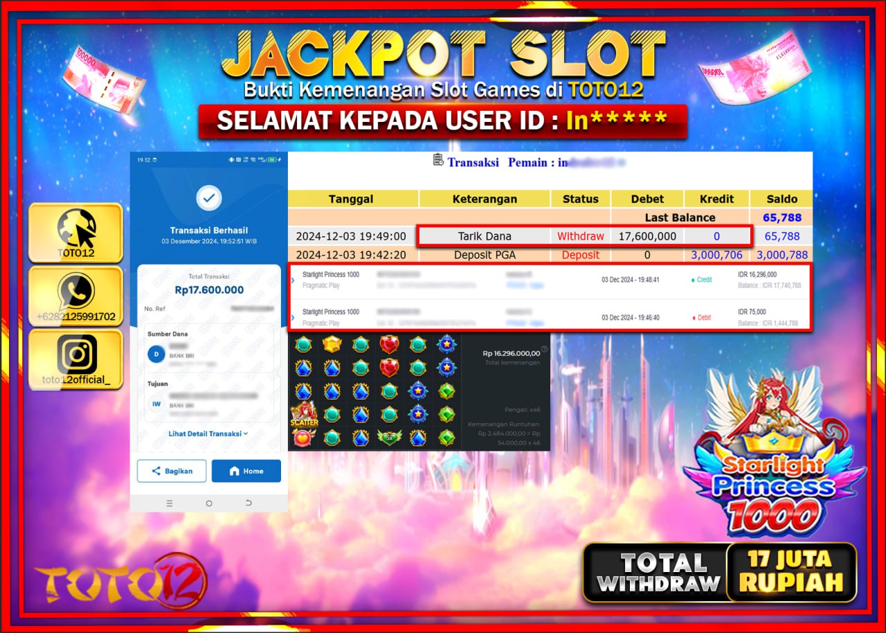 HANYA DI TOTO12 JP PASTI DI BAYAR LUNAS DAN CEPAT!!!!!! JACKPOT SLOT GAME (STARLIGHT PRINCESS 1000) Rp.17.000.000 !!!!