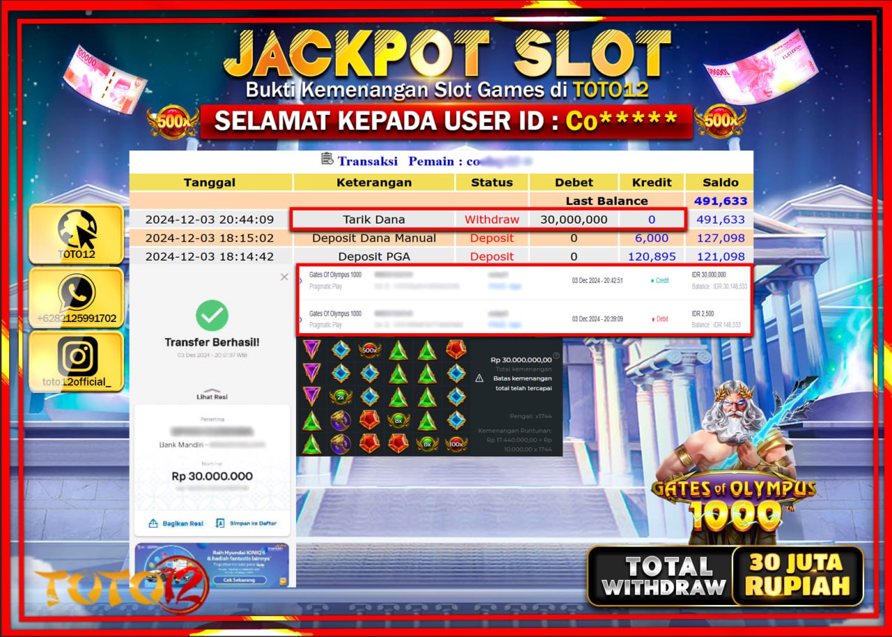 HANYA DI TOTO12 JP PASTI DI BAYAR LUNAS DAN CEPAT!!!!!! JACKPOT SLOT GAME (GATES OF OLYMPUS 1000) Rp.30.000.000 !!!!