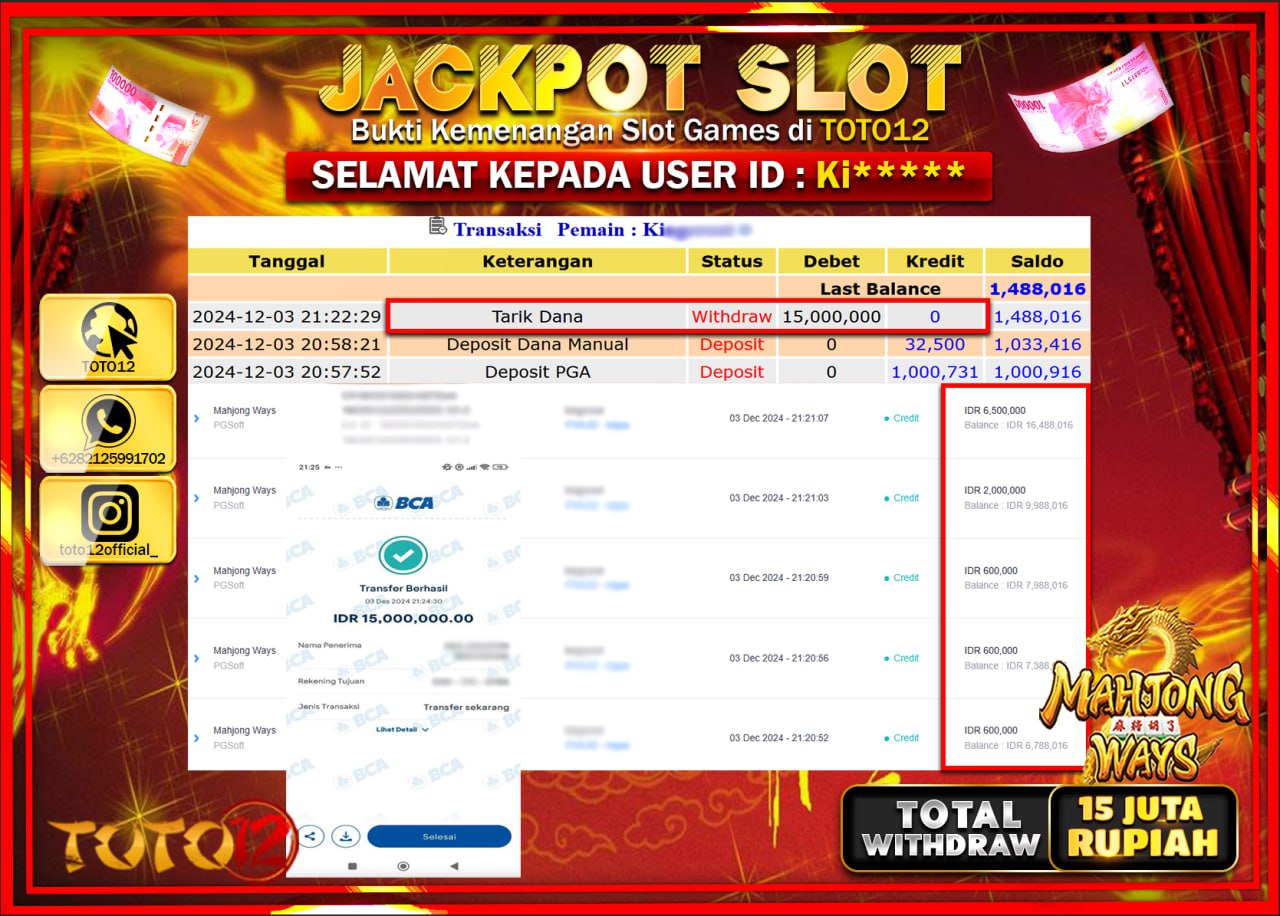 HANYA DI TOTO12 JP PASTI DI BAYAR LUNAS DAN CEPAT!!!!!! JACKPOT SLOT GAME (MAHJONG WAYS 2) Rp.15.000.000 !!!!