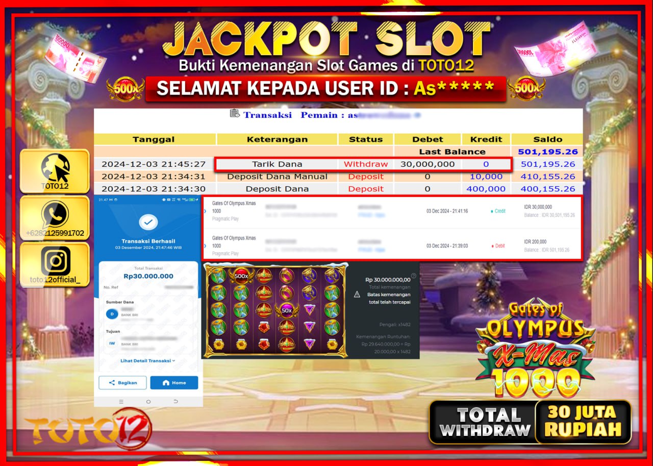 HANYA DI TOTO12 JP PASTI DI BAYAR LUNAS DAN CEPAT!!!!!! JACKPOT SLOT GAME (GATES OF OLYMPUS XMAS 1000) Rp.30.000.000 !!!!