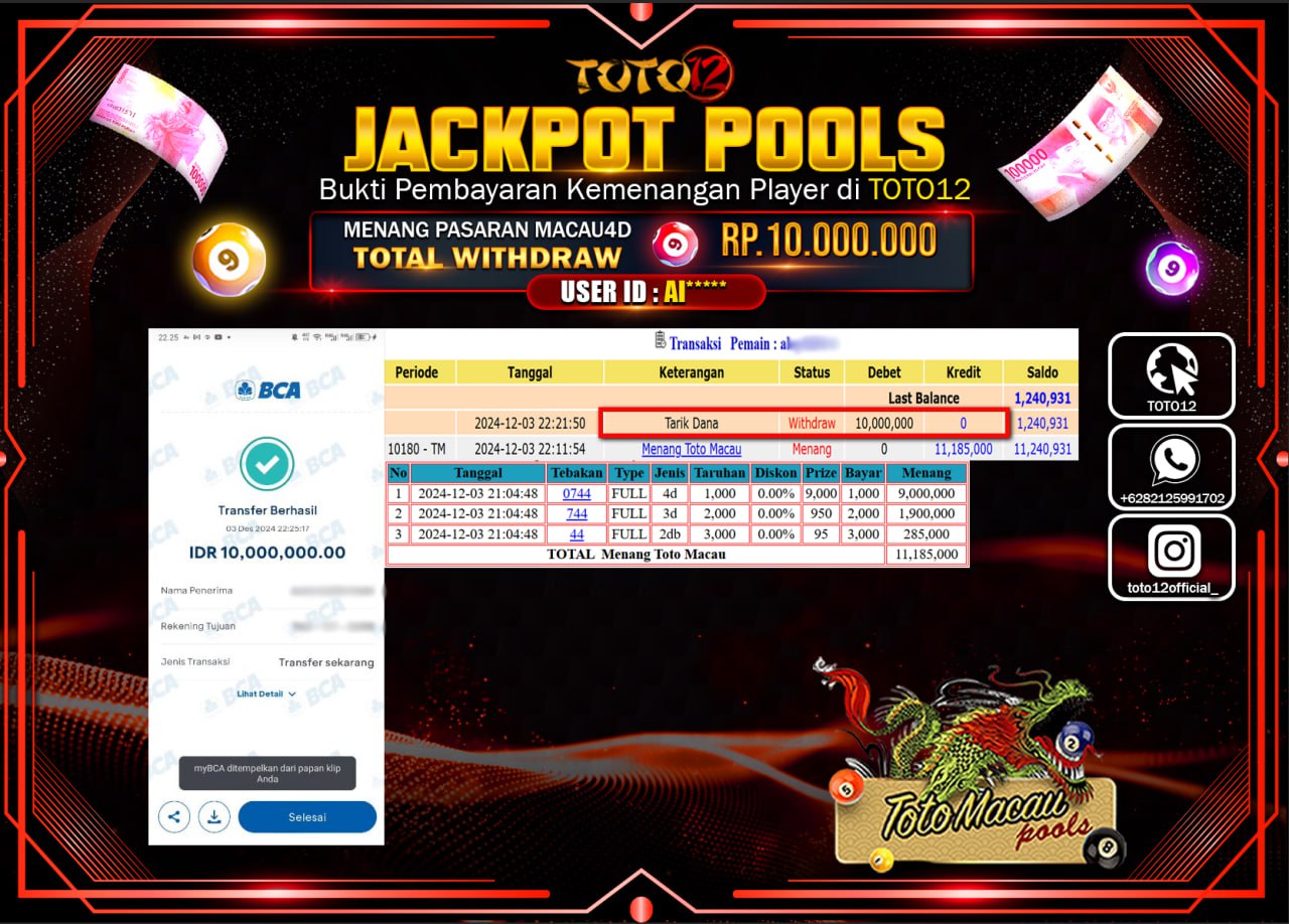 HANYA DI TOTO12 JP PASTI DI BAYAR LUNAS DAN CEPAT!!!!!! JACKPOT POOLS PASARAN (TOTO MACAU) Rp.10.000.000 !!!!
