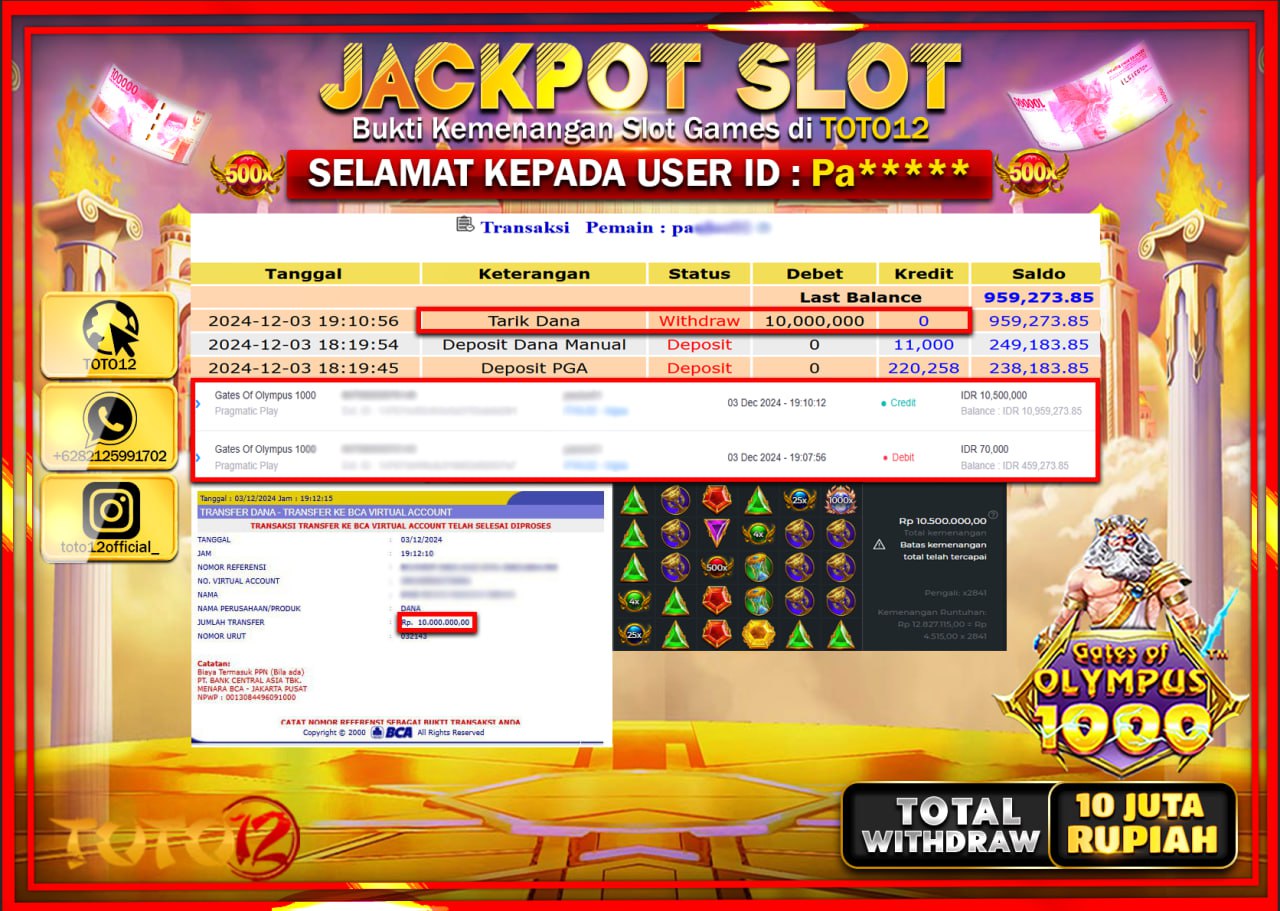 HANYA DI TOTO12 JP PASTI DI BAYAR LUNAS DAN CEPAT!!!!!! JACKPOT SLOT GAME (GATES OF OLYMPUS 1000) Rp.10.000.000 !!!!