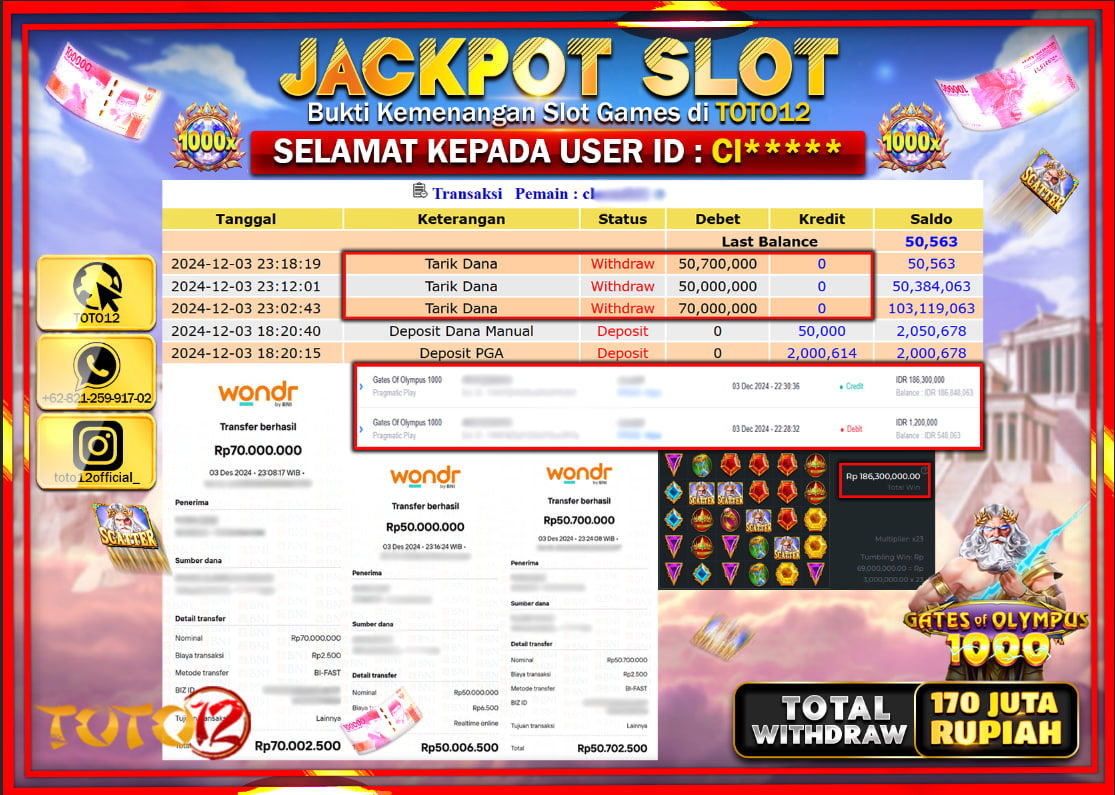 HANYA DI TOTO12 JP PASTI DI BAYAR LUNAS DAN CEPAT!!!!!! JACKPOT SLOT GAME (GATES OF OLYMPUS 1000) Rp.170.000.000 !!!!