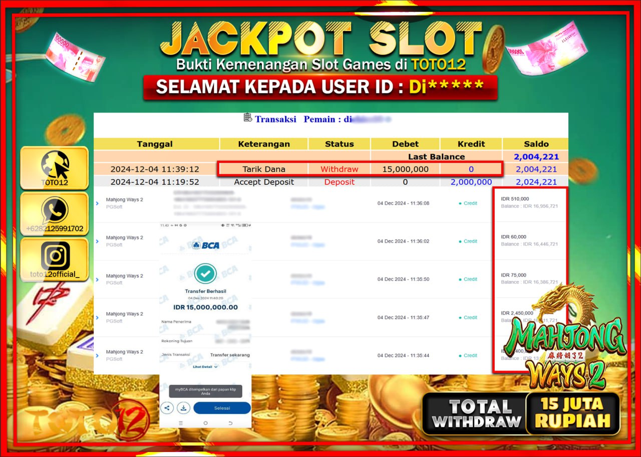 HANYA DI TOTO12 JP PASTI DI BAYAR LUNAS DAN CEPAT!!!!!! JACKPOT SLOT GAME (MAHJONG WAYS 2) Rp.15.000.000 !!!!