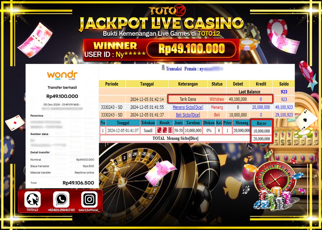 HANYA DI TOTO12 JP PASTI DI BAYAR LUNAS DAN CEPAT!!!!!! JACKPOT LIVE GAMES CASINO (SICBO DICE) Rp.49.100.000 !!!!