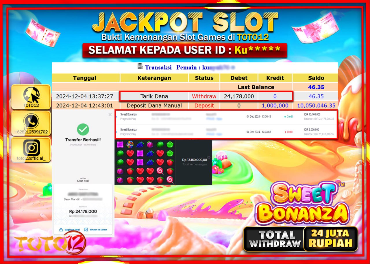 HANYA DI TOTO12 JP PASTI DI BAYAR LUNAS DAN CEPAT!!!!!! JACKPOT SLOT GAME (SWEET BONANZA) Rp.24.000.000 !!!!