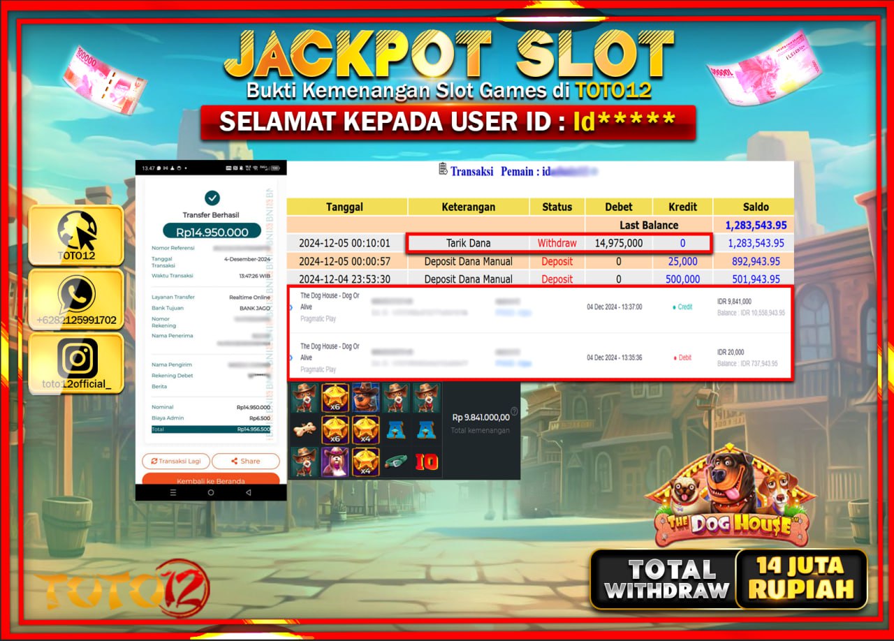 HANYA DI TOTO12 JP PASTI DI BAYAR LUNAS DAN CEPAT!!!!!! JACKPOT SLOT GAME (THE DOG HOUSE DOG OR ALIVE) Rp.14.000.000 !!!!