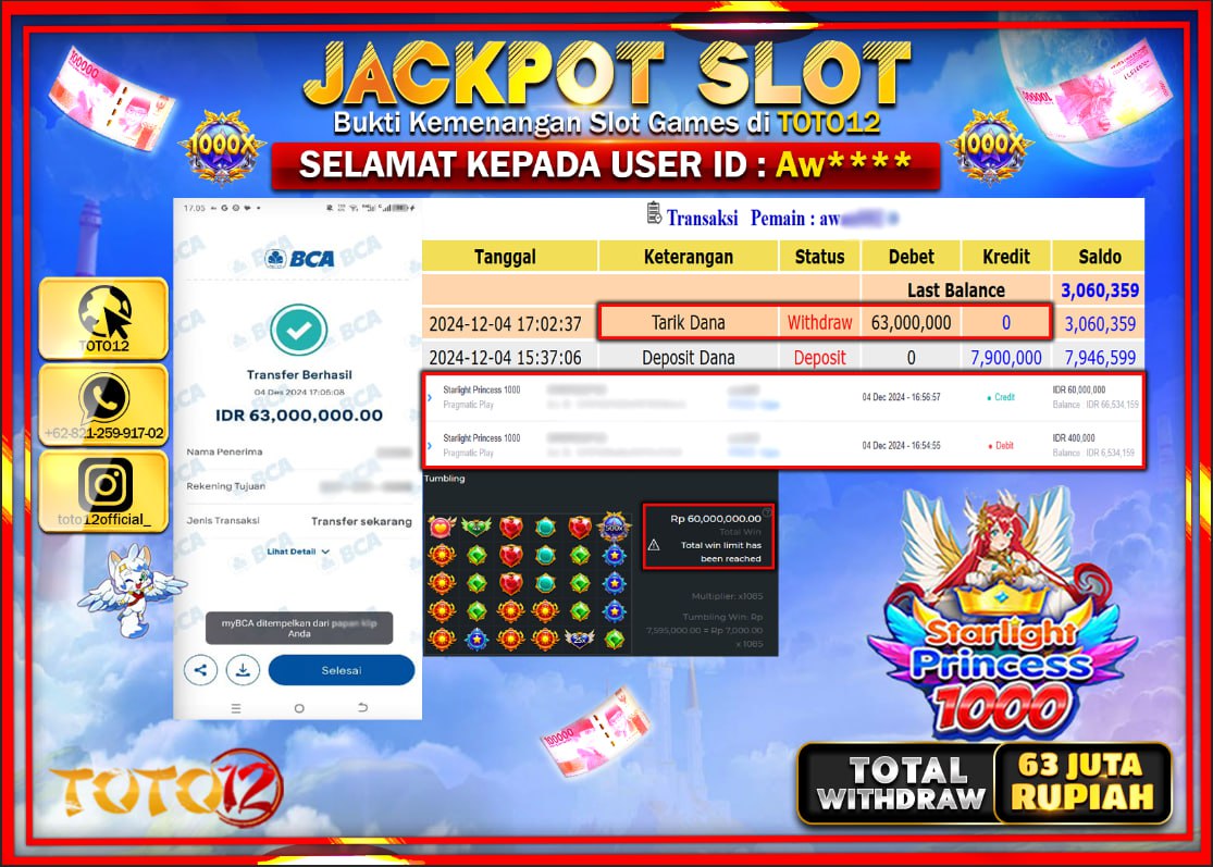 HANYA DI TOTO12 JP PASTI DI BAYAR LUNAS DAN CEPAT!!!!!! JACKPOT SLOT GAME (STARLIGHT PRINCESS 1000) Rp.63.000.000 !!!!