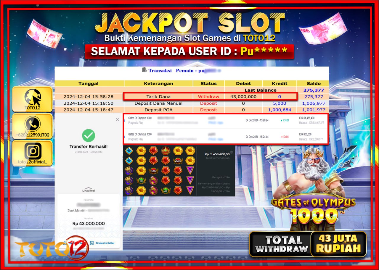HANYA DI TOTO12 JP PASTI DI BAYAR LUNAS DAN CEPAT!!!!!! JACKPOT SLOT GAME (GATES OF OLYMPUS 1000) Rp.43.000.000 !!!!
