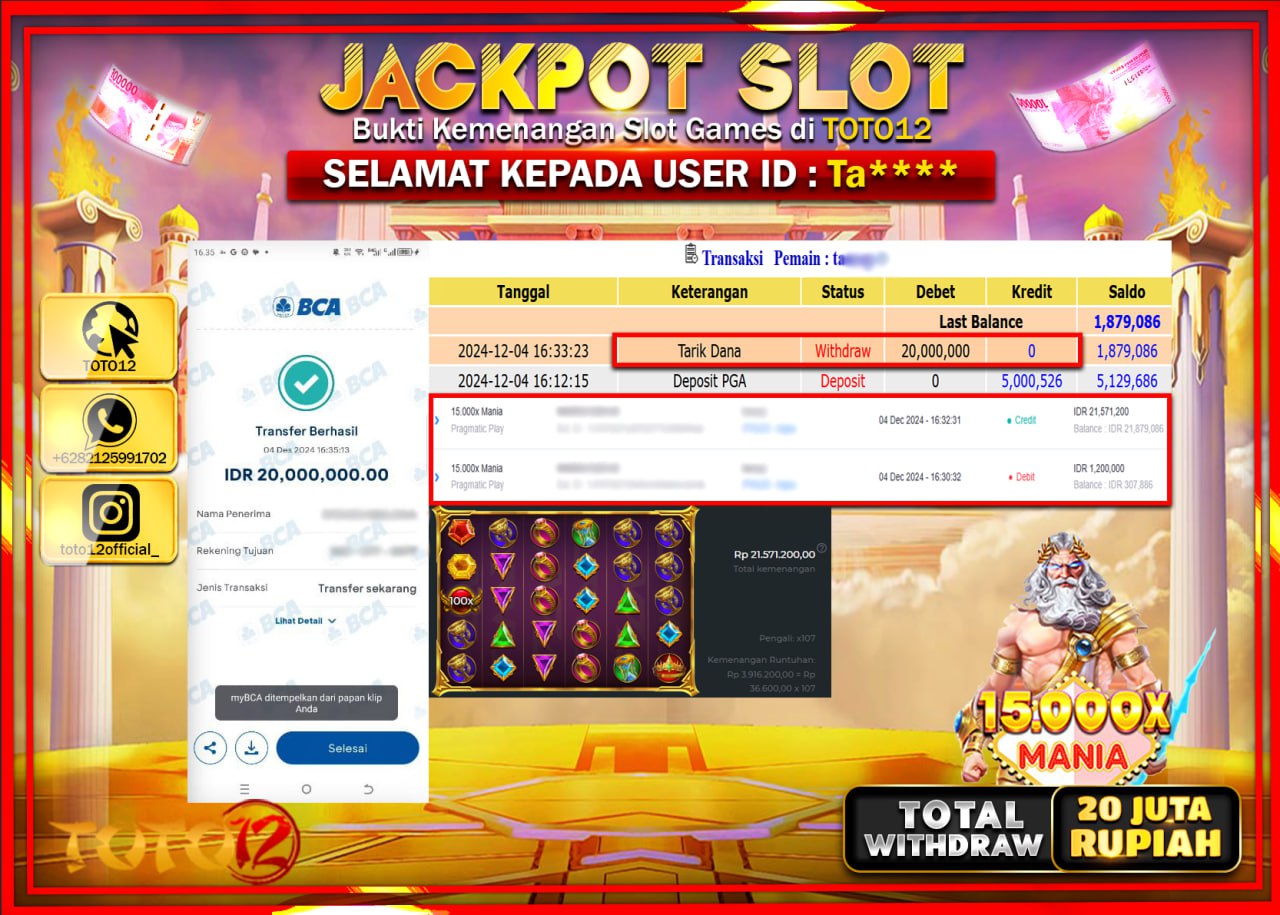 HANYA DI TOTO12 JP PASTI DI BAYAR LUNAS DAN CEPAT!!!!!! JACKPOT SLOT GAME (15.000X MANIA) Rp.20.000.000 !!!!