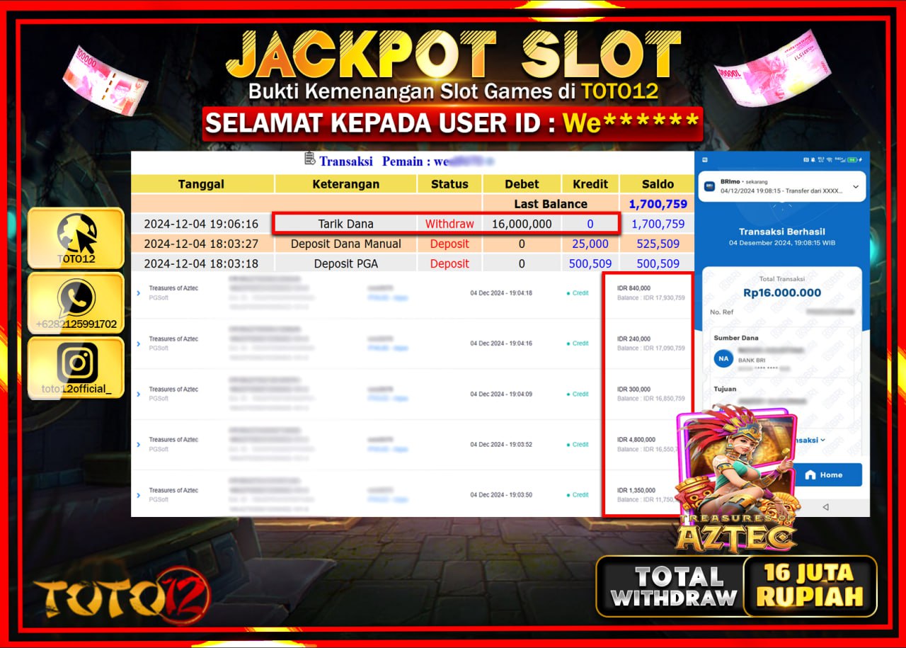 HANYA DI TOTO12 JP PASTI DI BAYAR LUNAS DAN CEPAT!!!!!! JACKPOT SLOT GAME (TREASURES OF AZTEC) Rp.16.000.000 !!!!