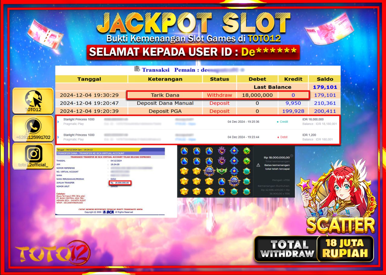 HANYA DI TOTO12 JP PASTI DI BAYAR LUNAS DAN CEPAT!!!!!! JACKPOT SLOT GAME (STARLIGHT PRINCESS 1000) Rp.18.000.000 !!!!