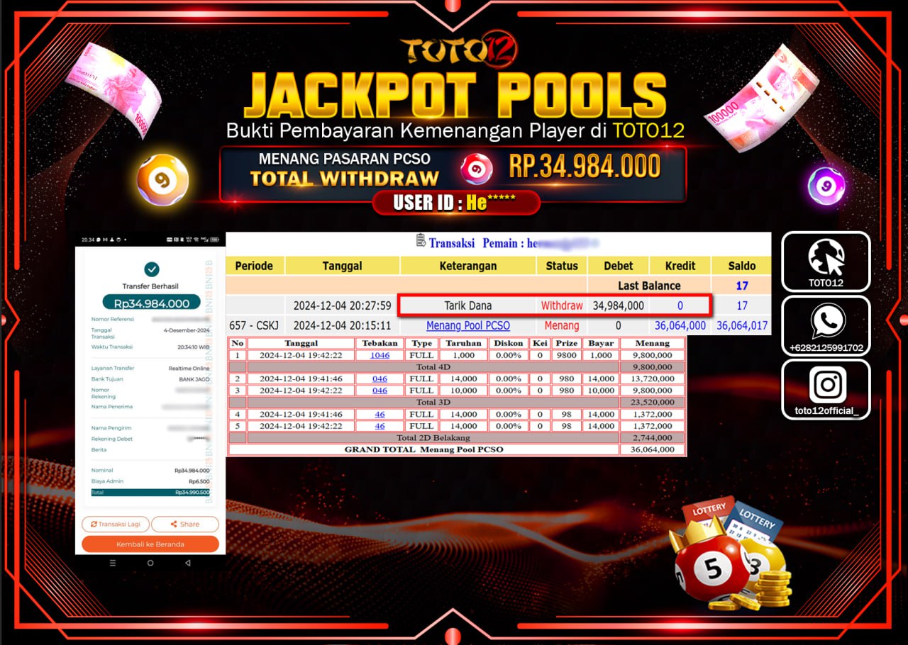 HANYA DI TOTO12 JP PASTI DI BAYAR LUNAS DAN CEPAT!!!!!! JACKPOT POOLS PASARAN (PCSO) Rp.34.984.000 !!!!