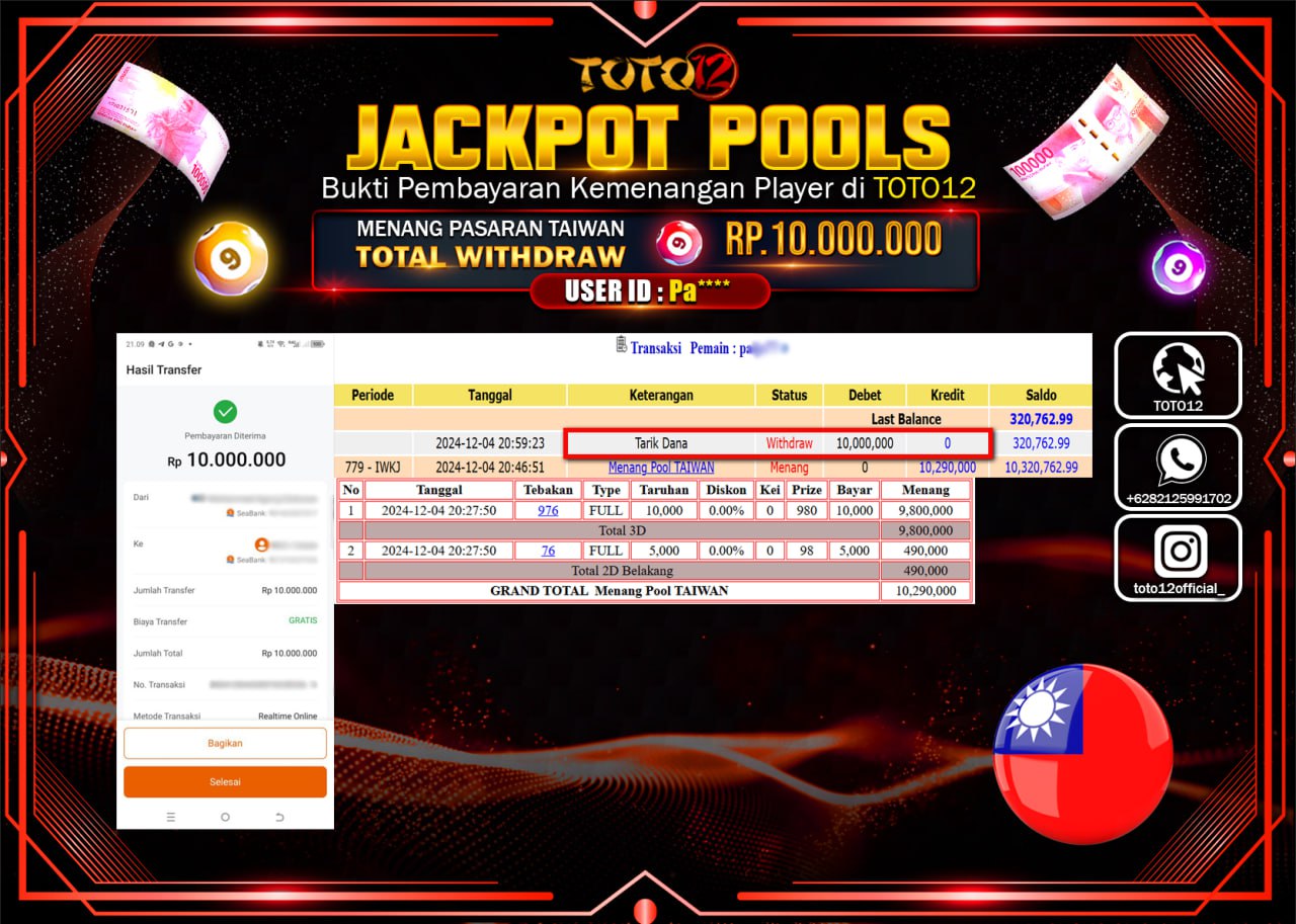 HANYA DI TOTO12 JP PASTI DI BAYAR LUNAS DAN CEPAT!!!!!! JACKPOT POOLS PASARAN (TAIWAN) Rp.10.000.000 !!!!