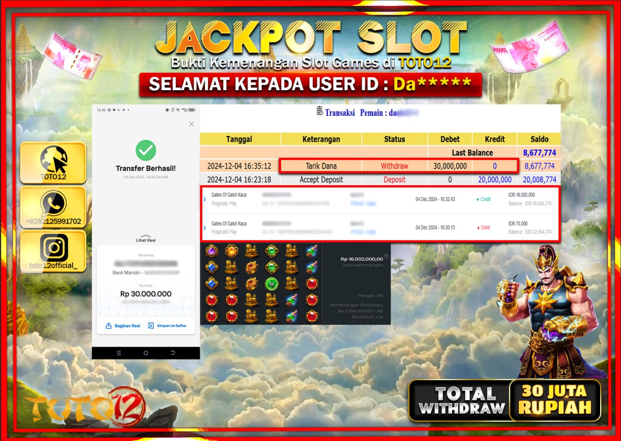 HANYA DI TOTO12 JP PASTI DI BAYAR LUNAS DAN CEPAT!!!!!! JACKPOT SLOT GAME (GATES OF GATOT KACA) Rp.30.000.000 !!!!