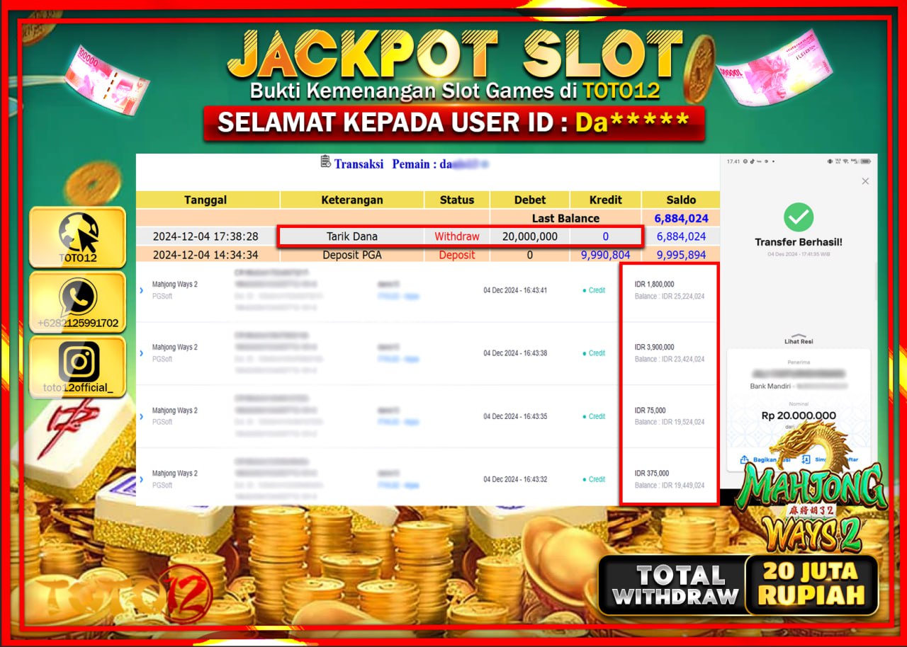 HANYA DI TOTO12 JP PASTI DI BAYAR LUNAS DAN CEPAT!!!!!! JACKPOT SLOT GAME (MAHJONG WAYS 2) Rp.20.000.000 !!!!