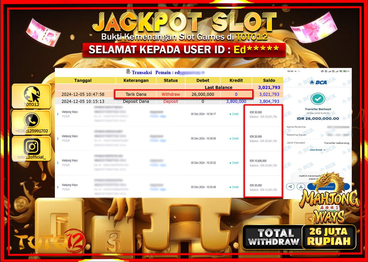HANYA DI TOTO12 JP PASTI DI BAYAR LUNAS DAN CEPAT!!!!!! JACKPOT SLOT GAME (MAHJONG WAYS) Rp.26.000.000 !!!!