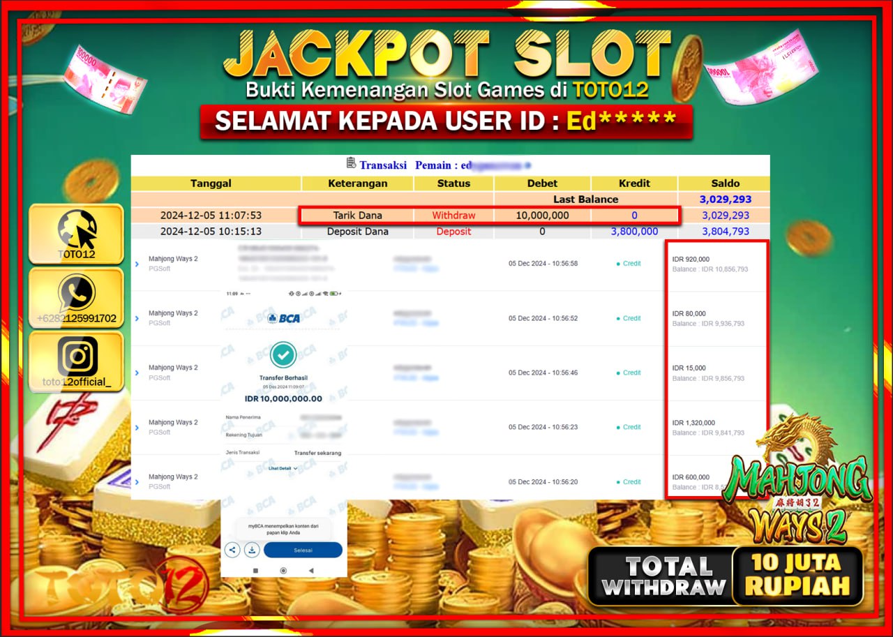HANYA DI TOTO12 JP PASTI DI BAYAR LUNAS DAN CEPAT!!!!!! JACKPOT SLOT GAME (MAHJONG WAYS 2) Rp.10.000.000 !!!!