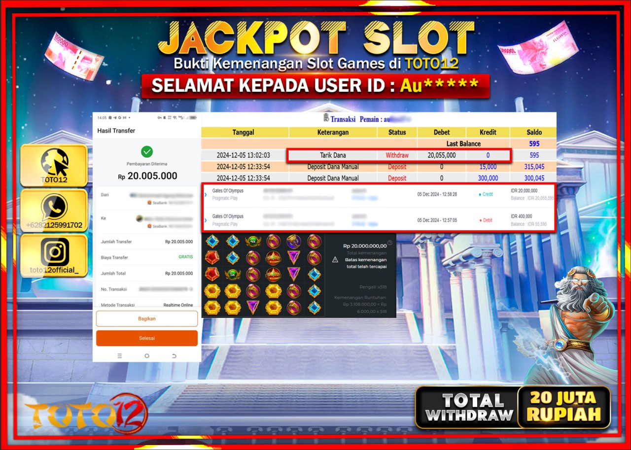HANYA DI TOTO12 JP PASTI DI BAYAR LUNAS DAN CEPAT!!!!!! JACKPOT SLOT GAME (GATES OF OLYMPUS) Rp.20.000.000 !!!!