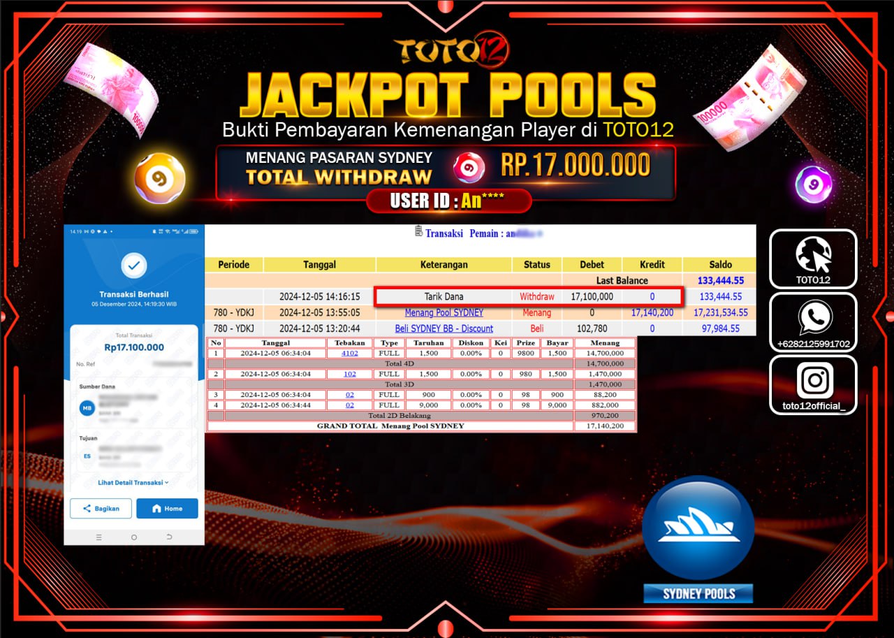 HANYA DI TOTO12 JP PASTI DI BAYAR LUNAS DAN CEPAT!!!!!! JACKPOT POOLS PASARAN (SYDNEY) Rp.17.000.000 !!!!